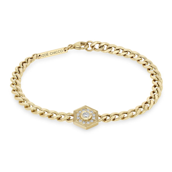 Zoë Chicco 14K Gold Medium Curb Chain Diamond Hexagon Halo Bracelet 14K Yellow Gold / 7