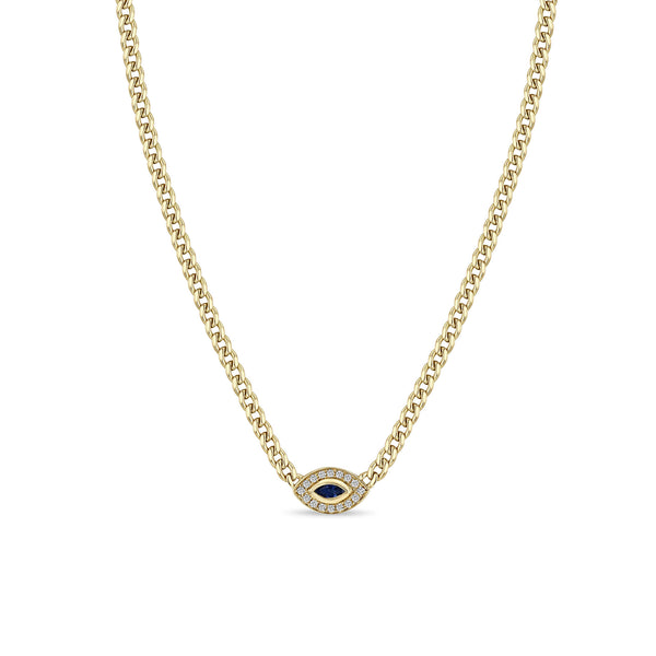 Zoë Chicco 14k Gold Small Curb Chain Marquise Blue Sapphire Halo Necklace