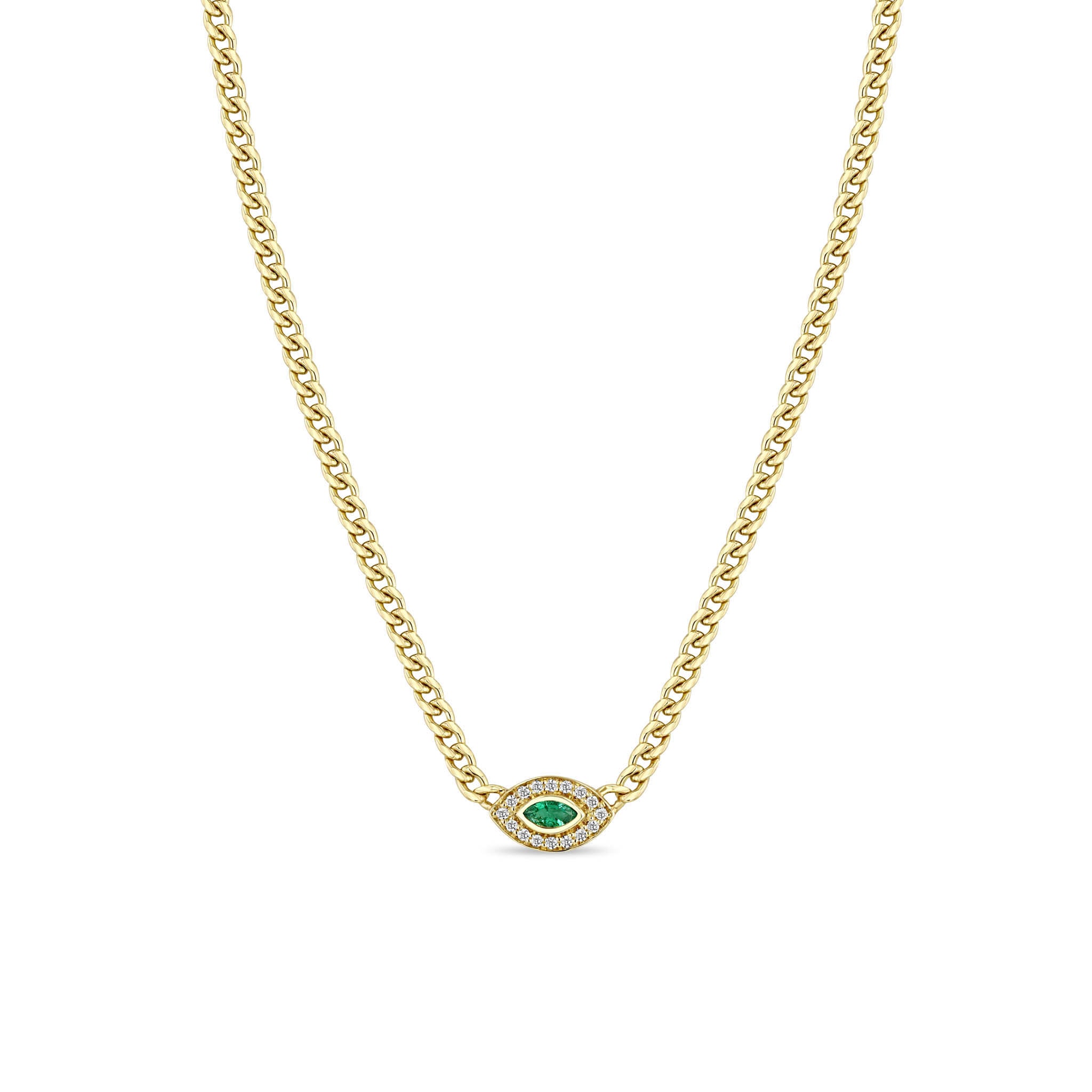 Zoë Chicco 14k Gold Small Curb Chain Marquise Emerald Halo Necklace