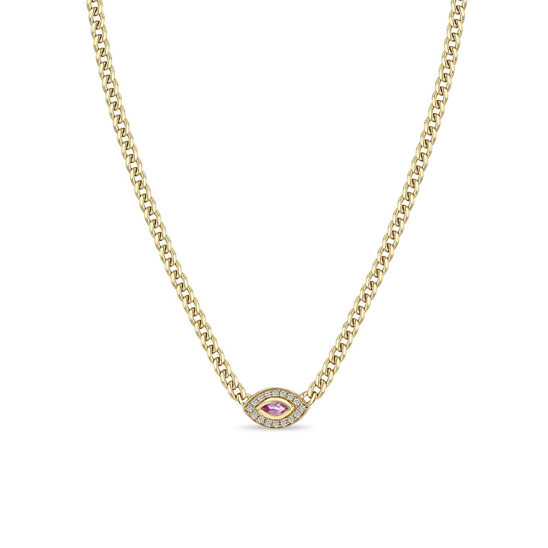 Zoë Chicco 14k Gold Small Curb Chain Marquise Pink Sapphire Halo Necklace