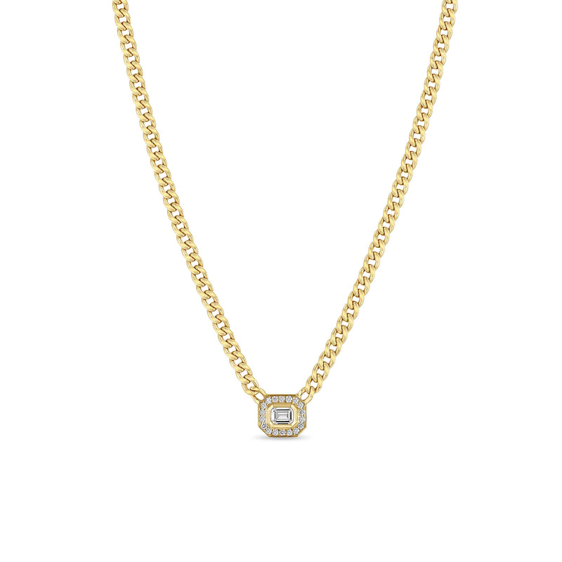 Zoë Chicco 14k Gold Small Curb Chain Emerald Cut Diamond Halo Necklace
