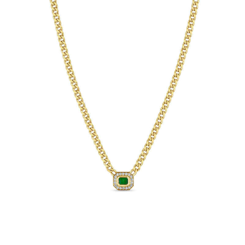 Zoë Chicco 14k Gold Small Curb Chain Emerald Cut Emerald Halo Necklace