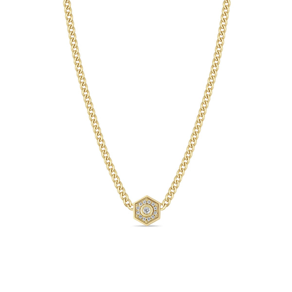 Zoë Chicco 14k Gold Medium Curb Chain Diamond Hexagon Halo Necklace