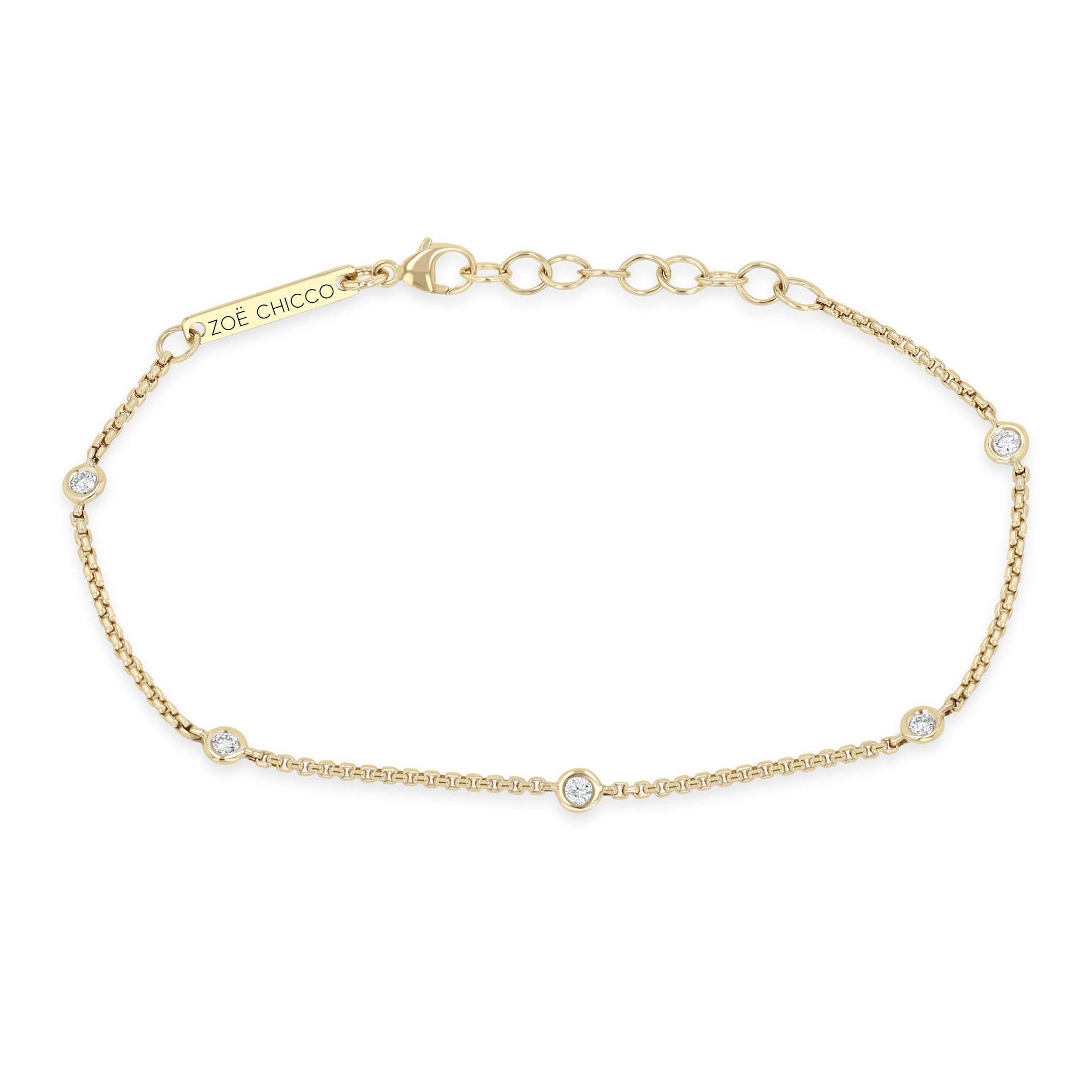 Zoe Chicco 14k Floating Diamond Extra Small Box Chain Station Bracelet on a white background