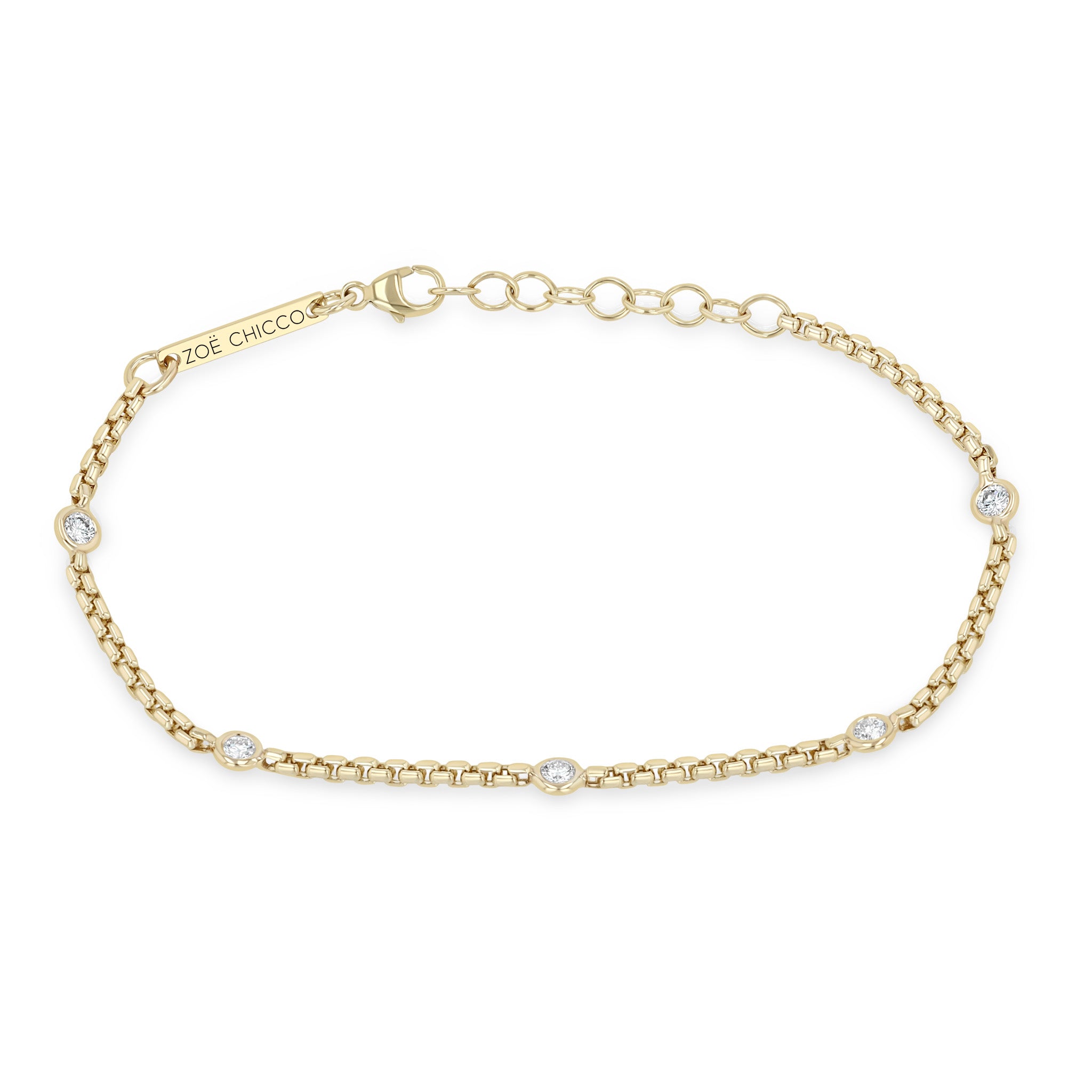 Zoe Chicco 14k Floating Diamond Small Box Chain Station Bracelet on a white background