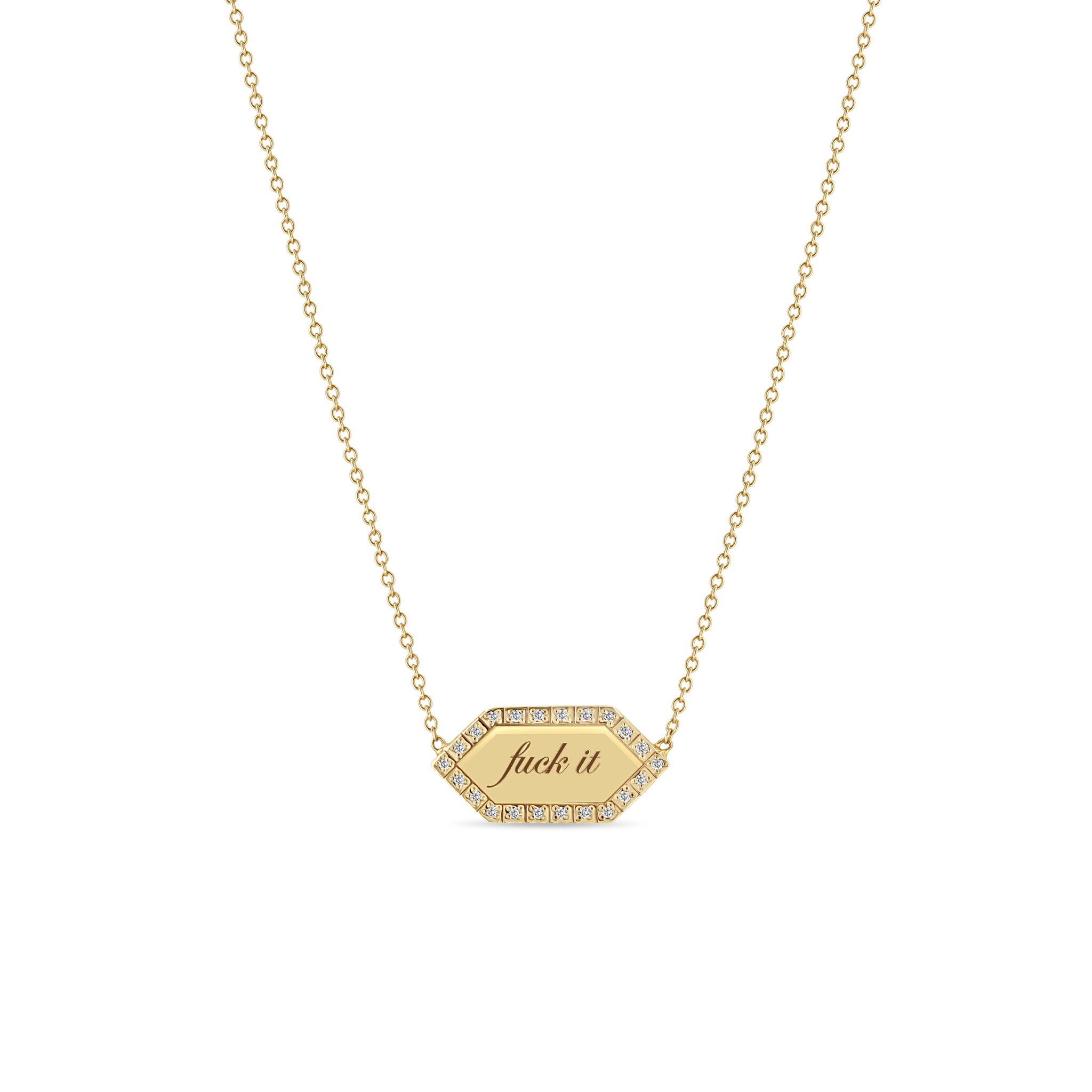 Zoë Chicco 14k Gold "fuck it" Elongated Hexagon Pavé Diamond Border Tag Necklace