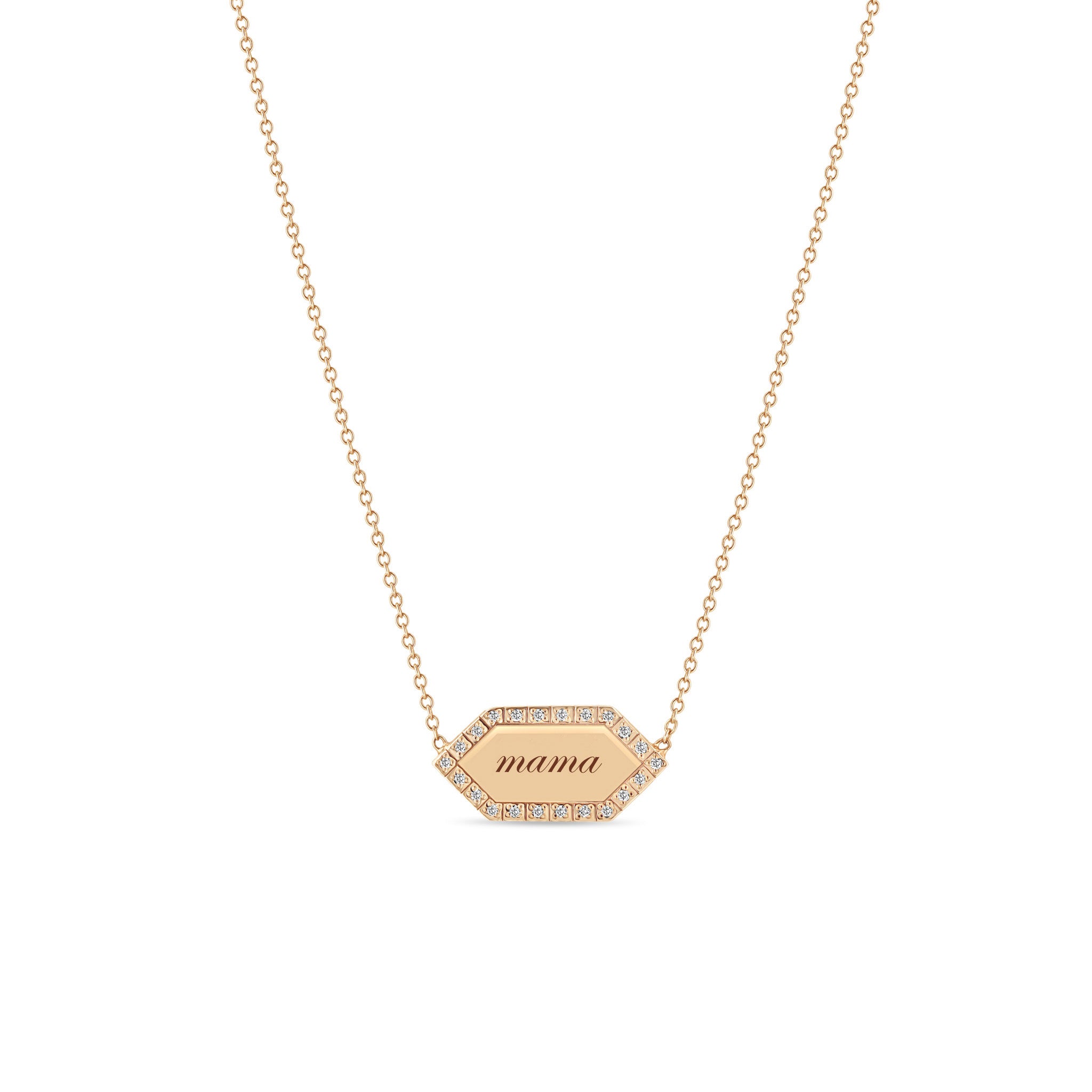 Zoë Chicco 14k Gold "mama" Elongated Hexagon Pavé Diamond Border Tag Necklace