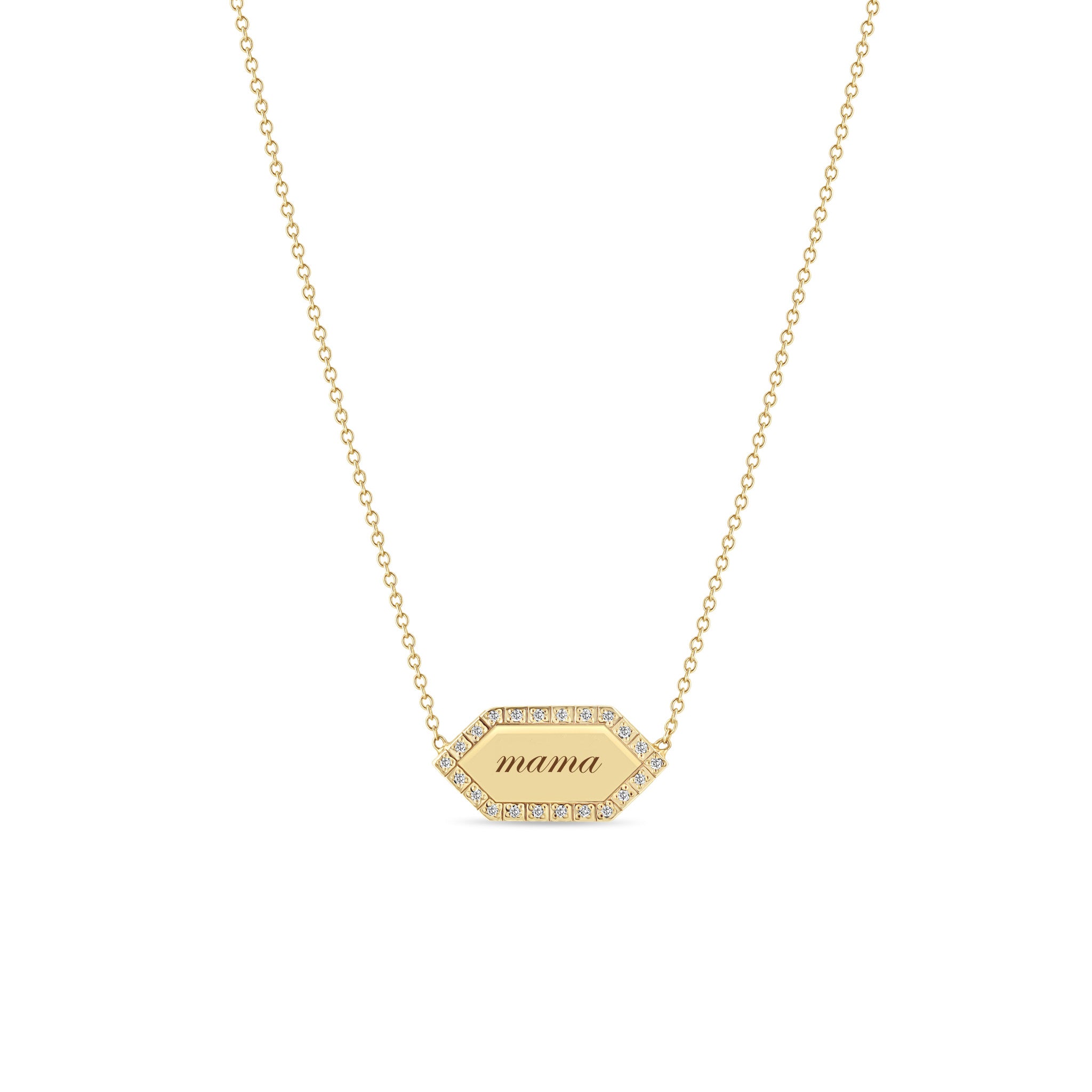 Zoë Chicco 14k Gold "mama" Elongated Hexagon Pavé Diamond Border Tag Necklace