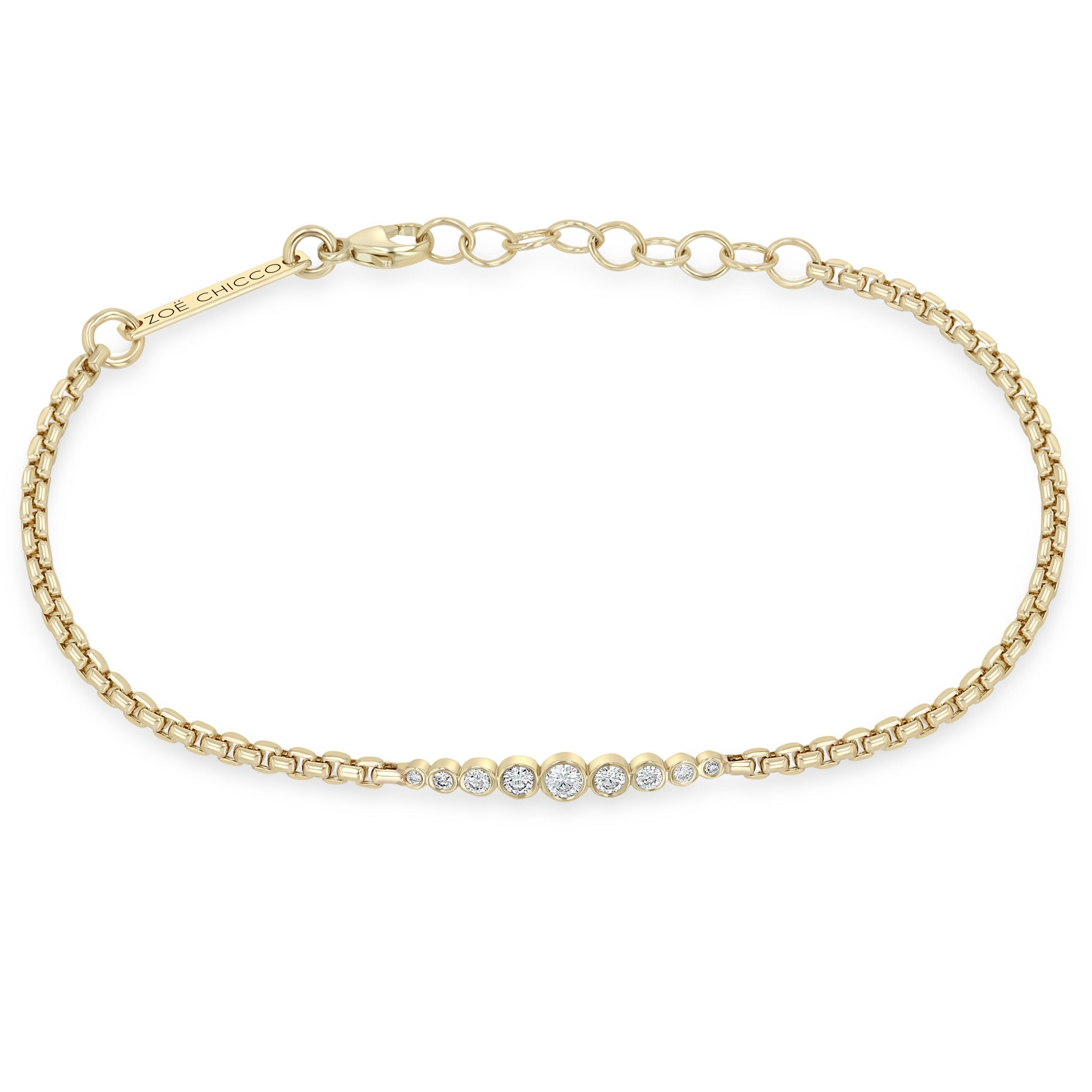 Zoe Chicco 14k Graduated Diamond Bezel Small Box Chain Bracelet on a white background