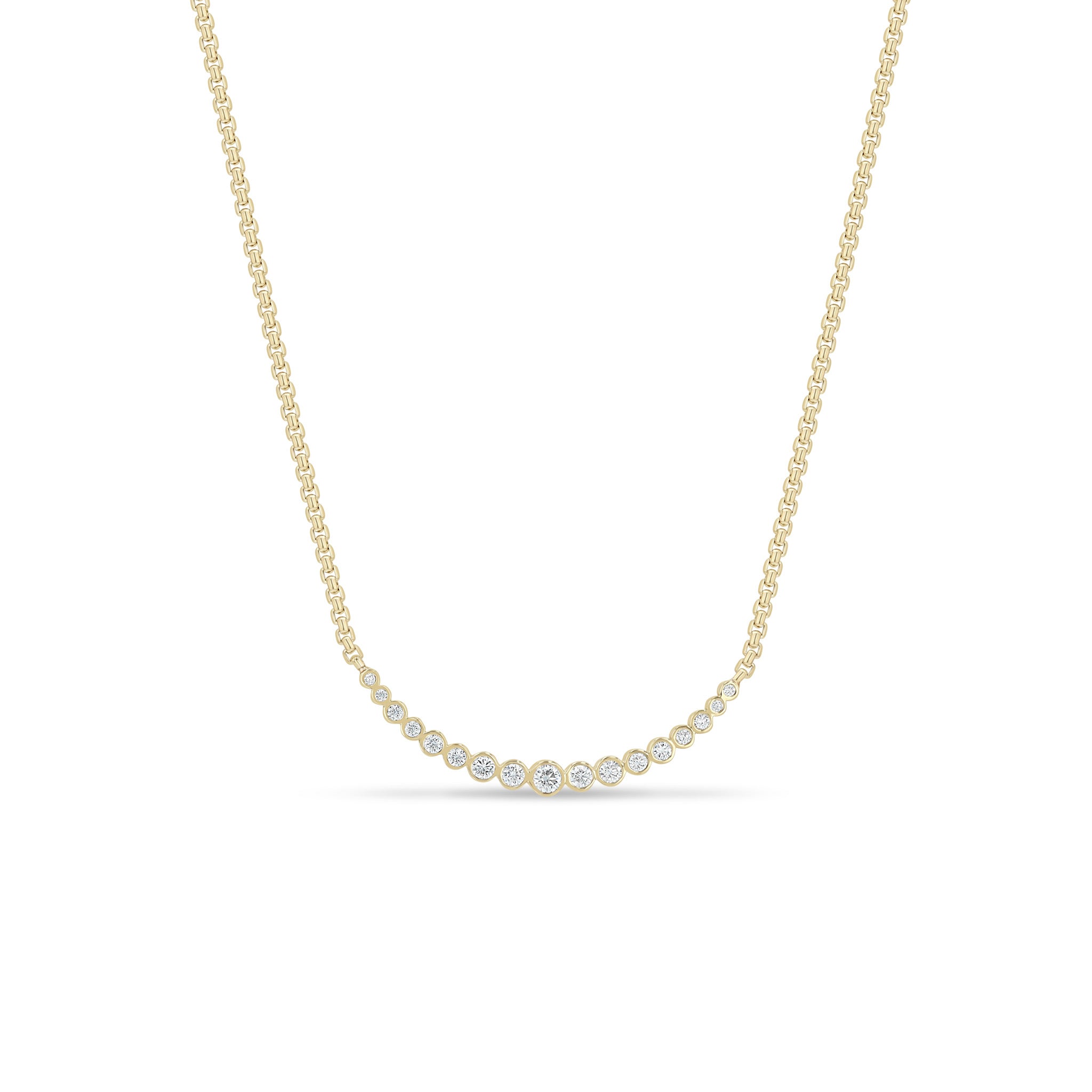 Zoe Chicco 14k Graduated Diamond Bezel Small Box Chain Necklace on a white background