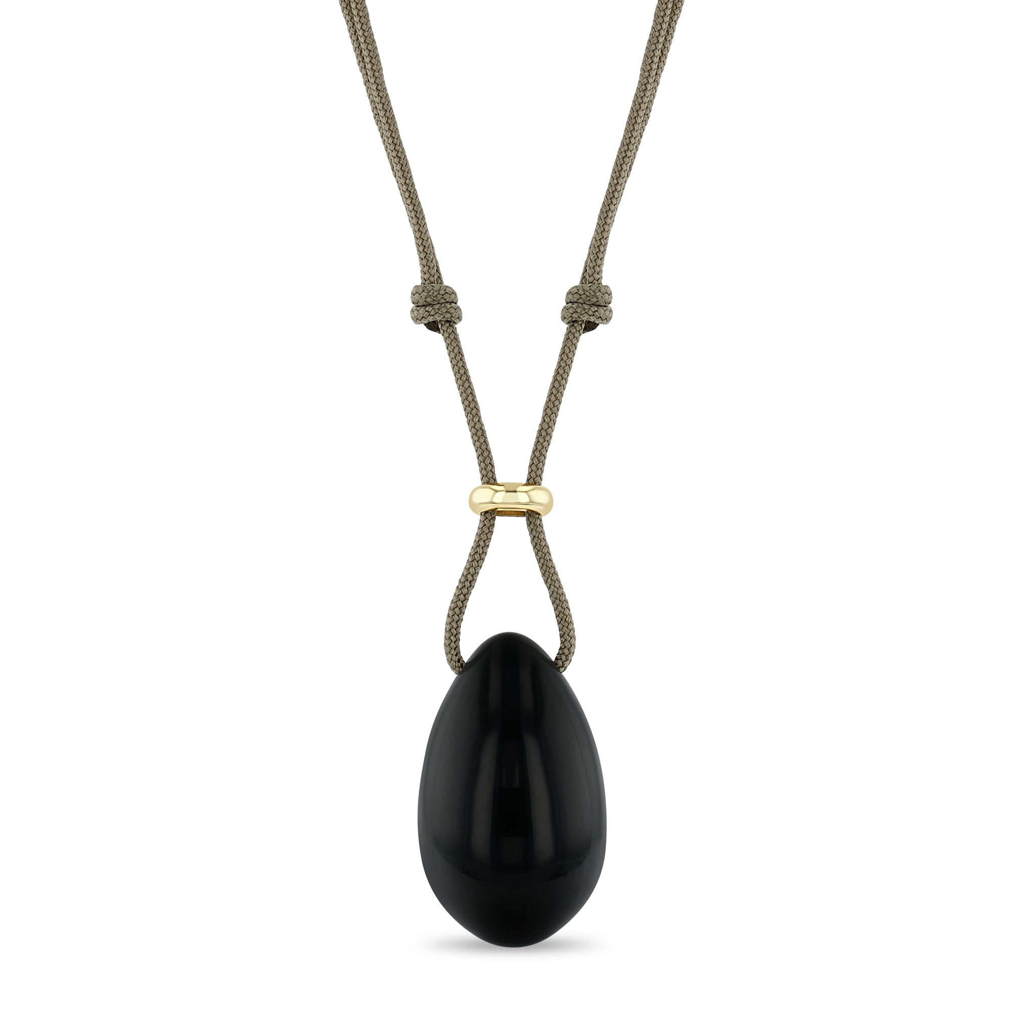 Zoe Chicco 14k gold slider bead tan paracord necklace with a large black obsidian egg-shaped gemstone on a white background
