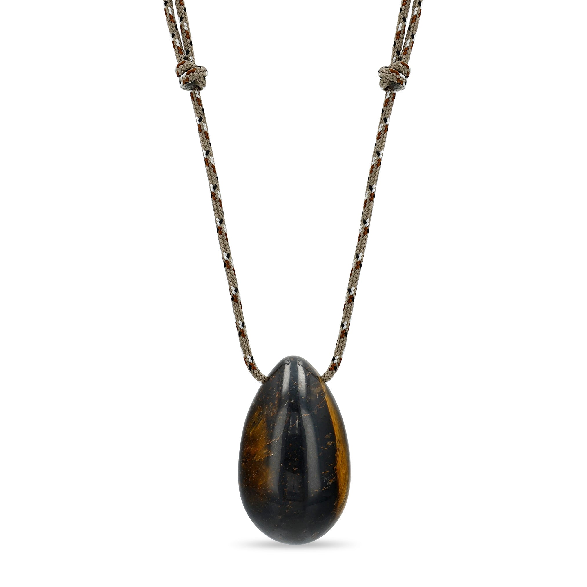 Zoe Chicco desert camo paracord necklace with a tiger eye egg-shaped gemstone on a white background