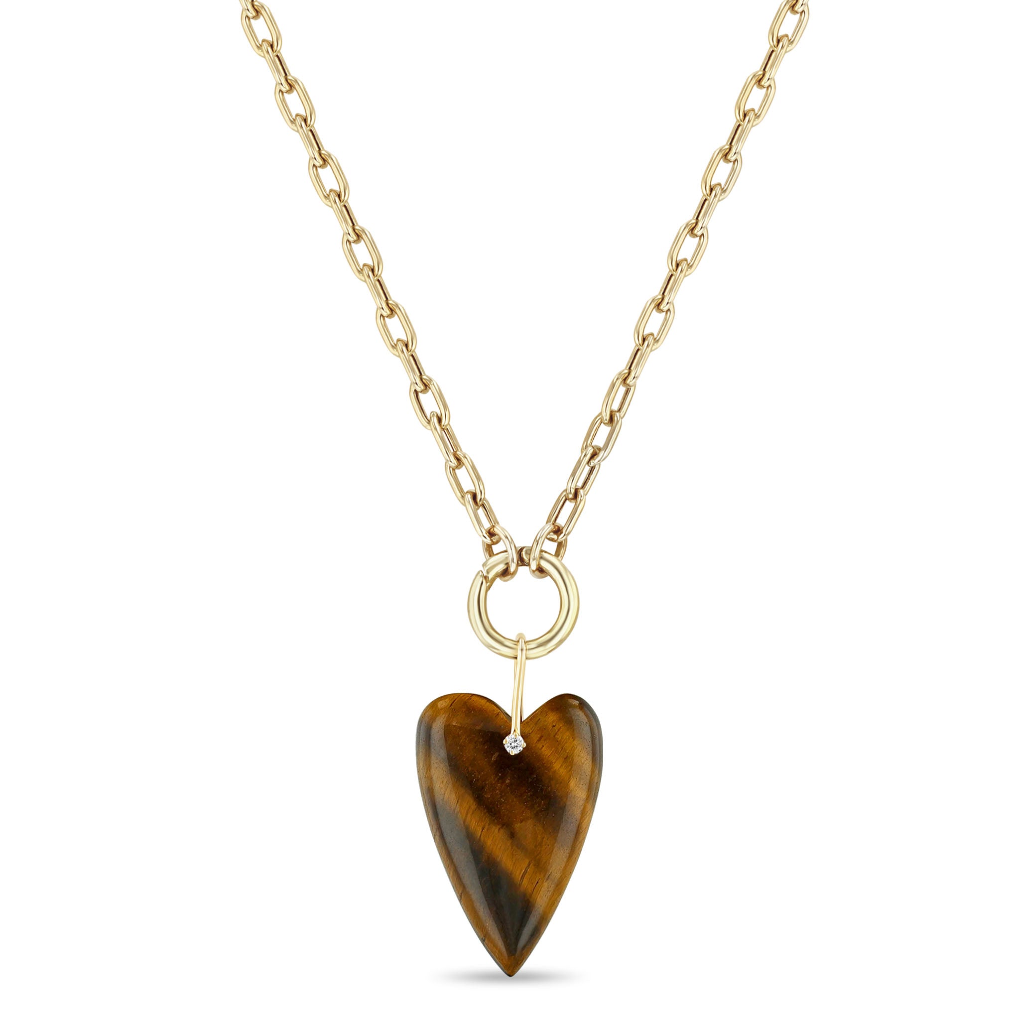 Zoe Chicco 14k Tiger Eye Heart Pendant Medium Square Oval Chain Enhancer Necklace
