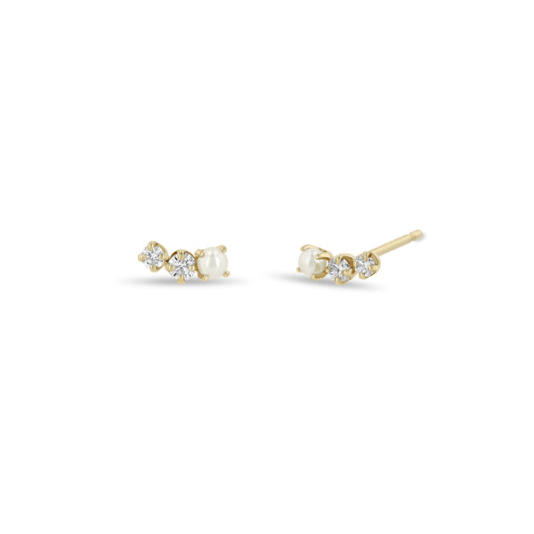 Zoë Chicco 14k Gold 3 Graduated Prong Pearl & Diamond Curve Stud Earrings