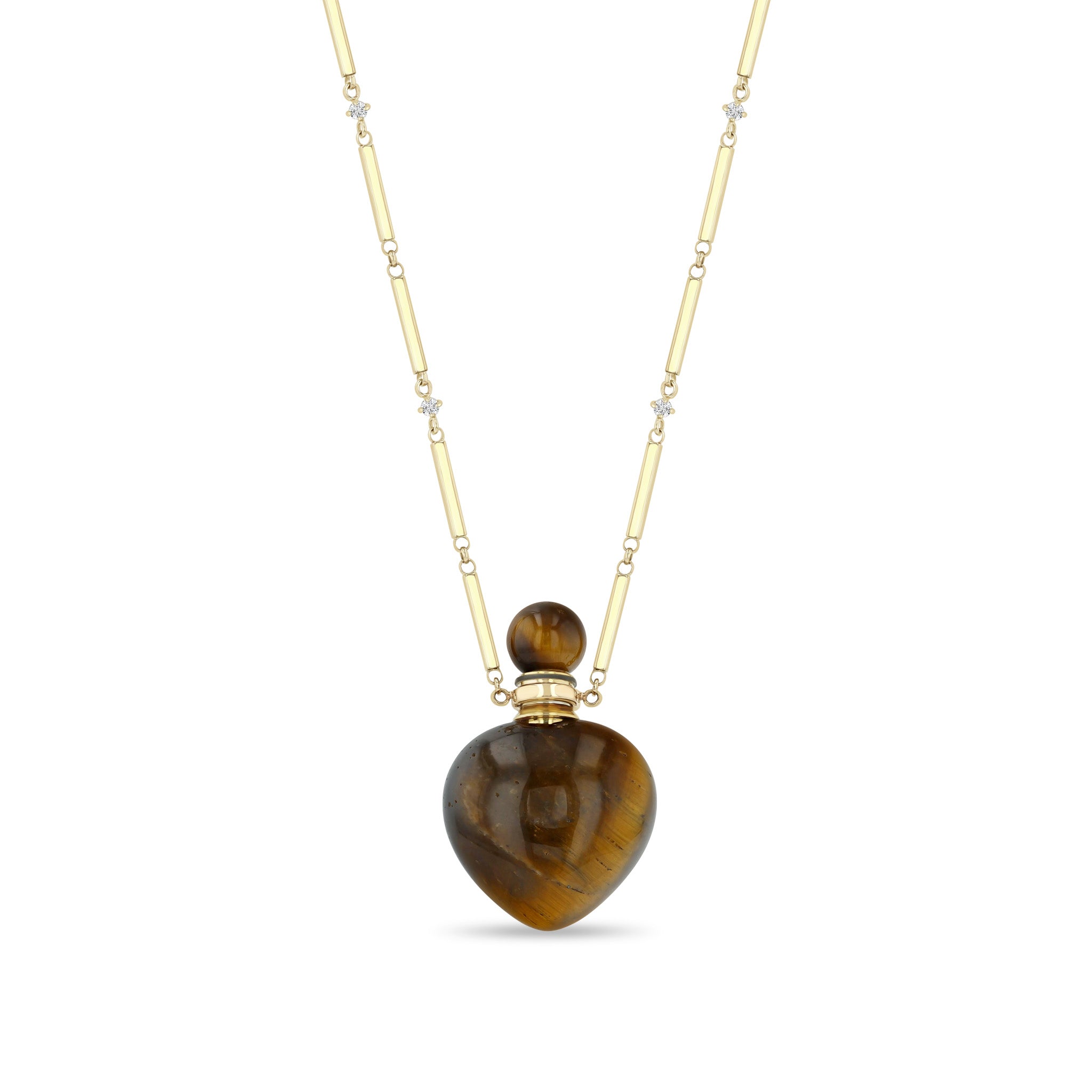 Zoe Chicco 14k gold and diamond bar station necklace with a tiger's eye heart-shaped perfume bottle necklace on a white background