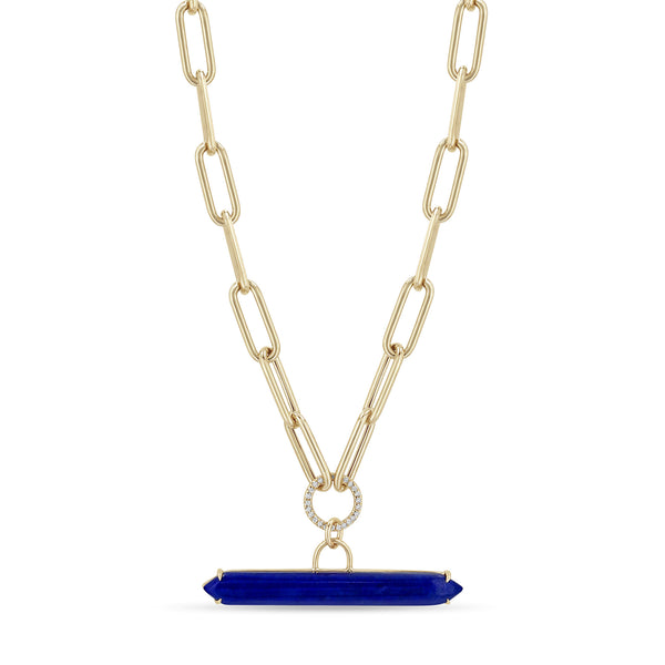 Zoe Chicco 14k Lapis Bar & Pavé Diamond Circle Large Paperclip Chain Necklace