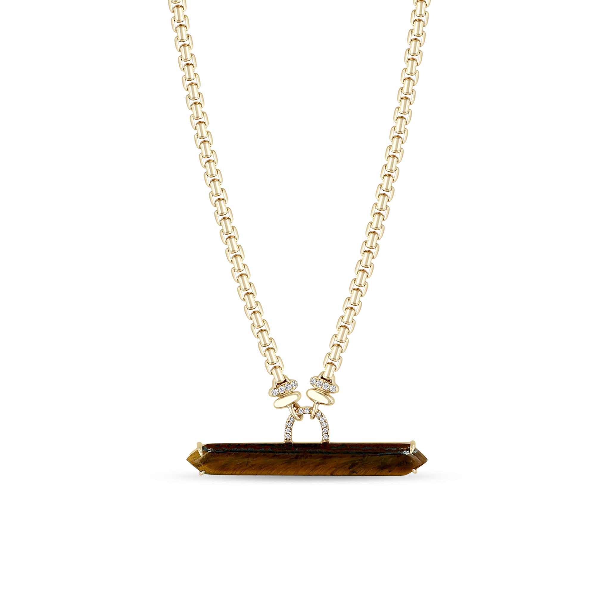 Zoe Chicco 14k Tiger Eye Bar with Diamonds Large Box Chain Necklace