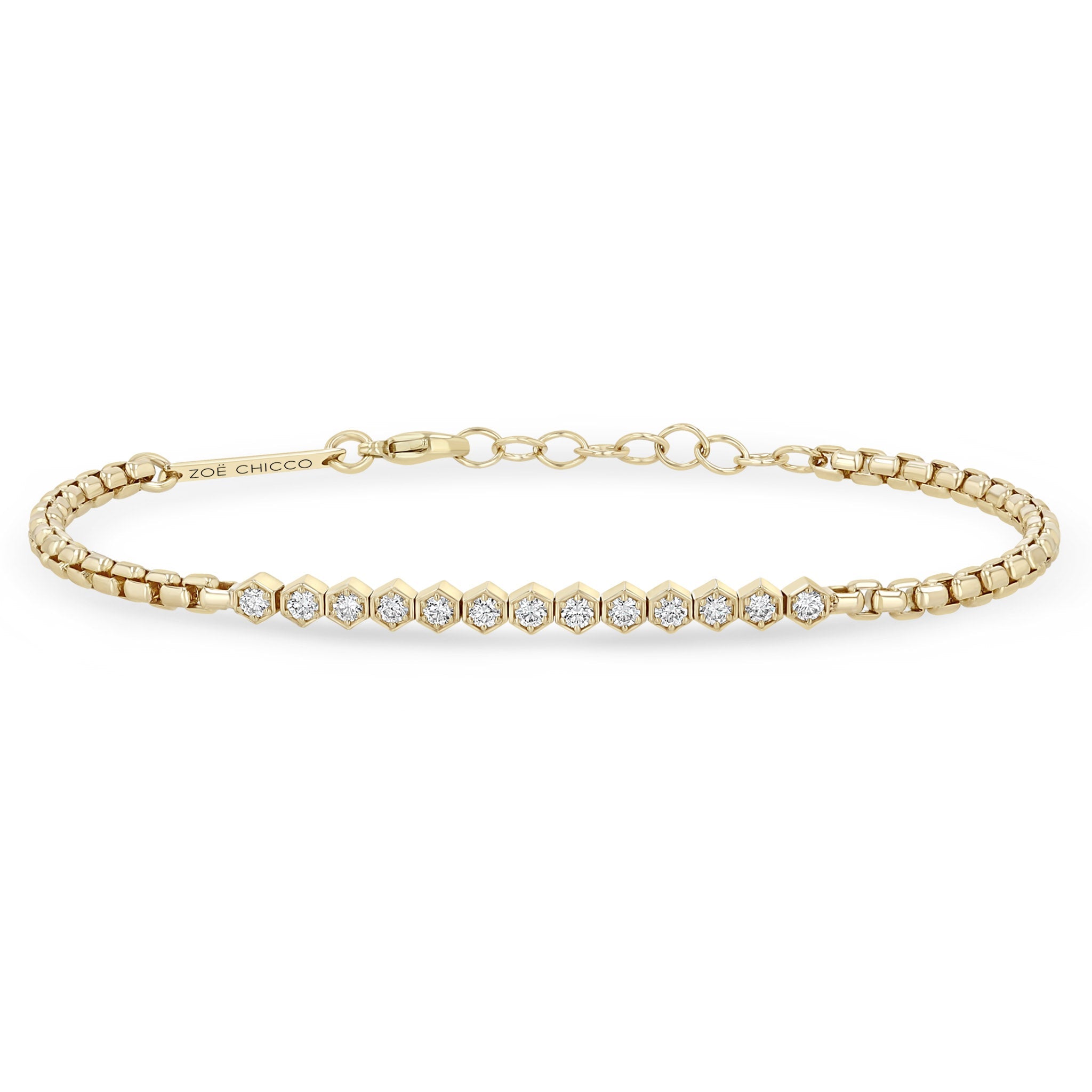 Zoe Chicco 14k gold chain bracelet with multiple hexagon set white diamonds in the center on a white background