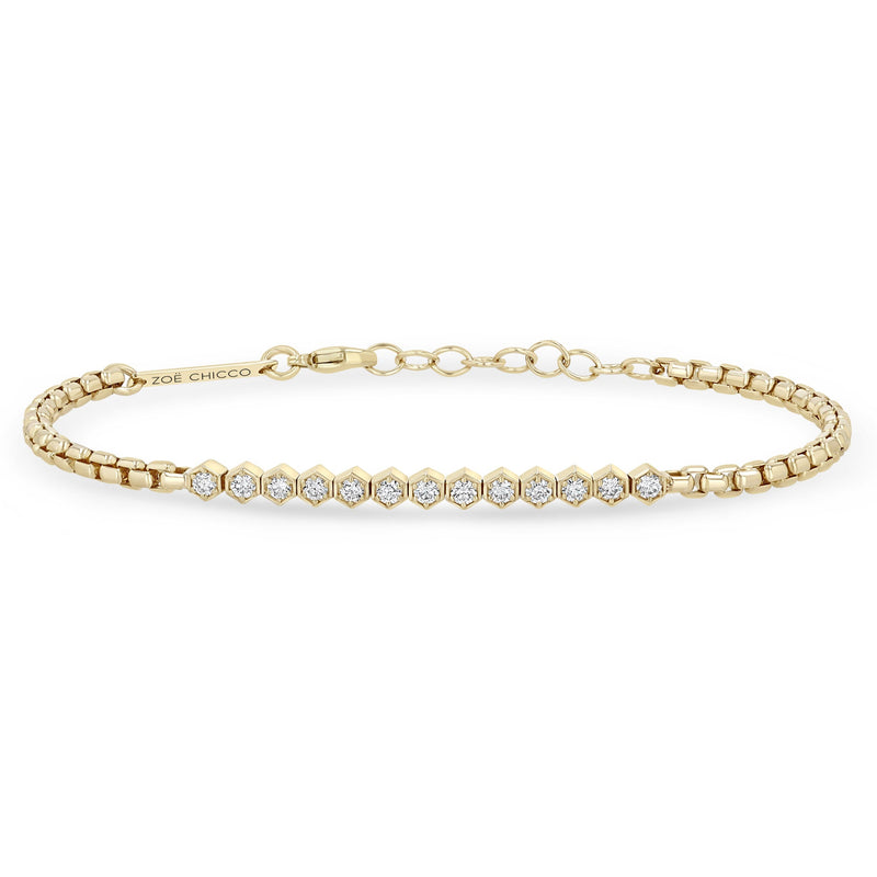 Zoe Chicco 14k gold chain bracelet with multiple hexagon set white diamonds in the center on a white background