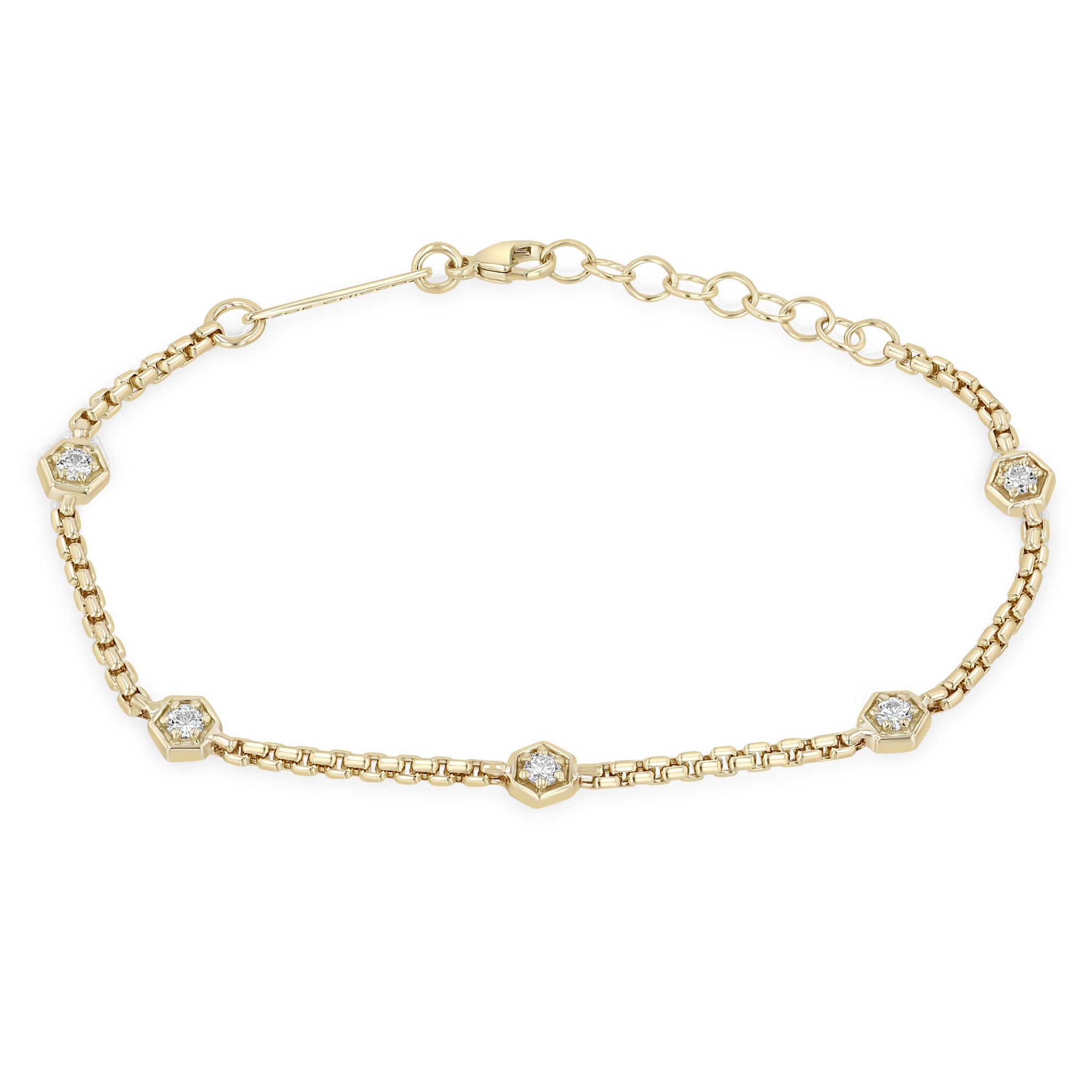 Zoe Chicco 14k Prong Diamond Hexagon Station Small Box Chain Bracelet on a white background