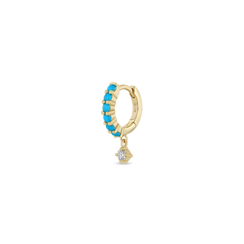 Single Zoë Chicco 14k Gold Dangling Diamond Prong Set Turquoise Hinge Huggie Hoop Earring