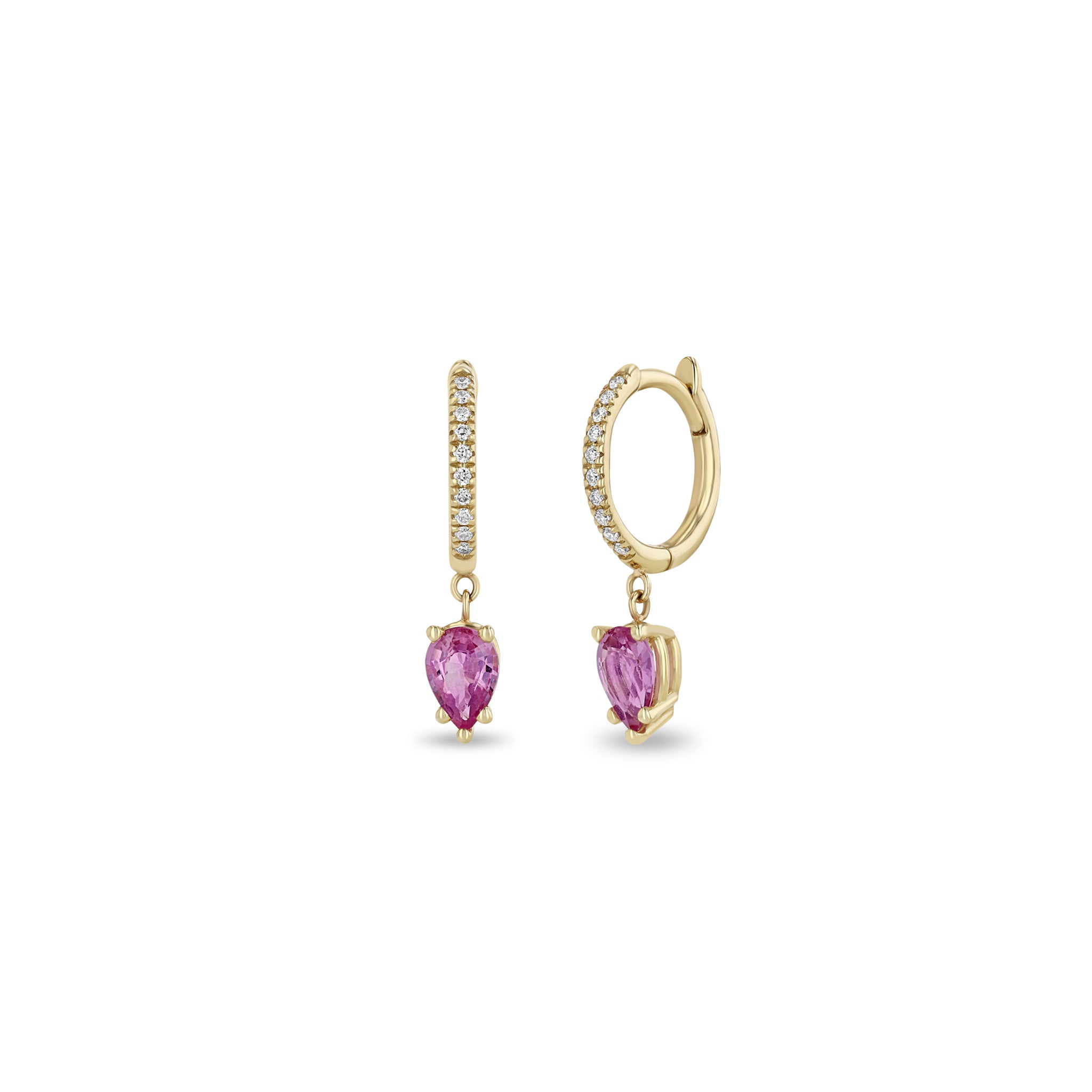 Zoë Chicco 14k Gold Medium Pavé Diamond Hinge Huggie Hoops with Pear Pink Sapphires