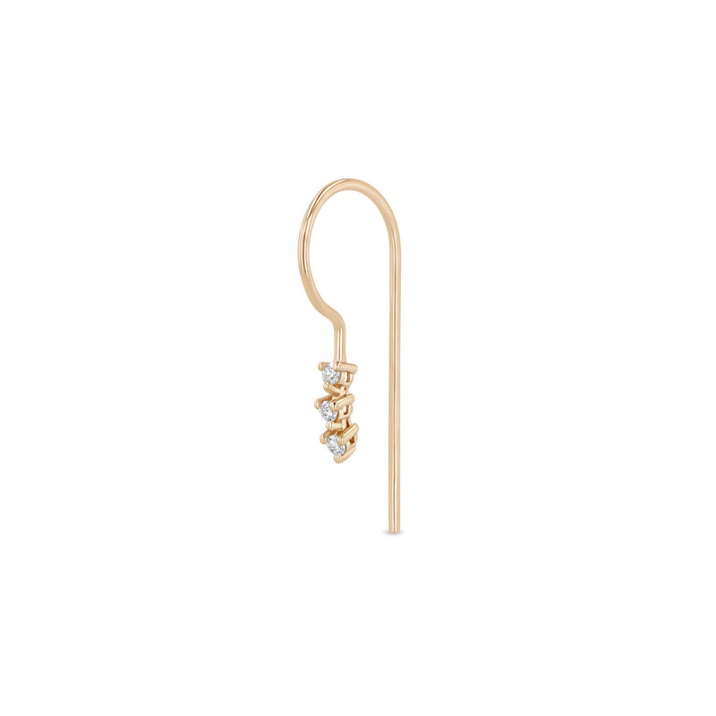 Zoe Chicco 14k rose gold wire threader hook earring with three white diamonds at the end on a white background