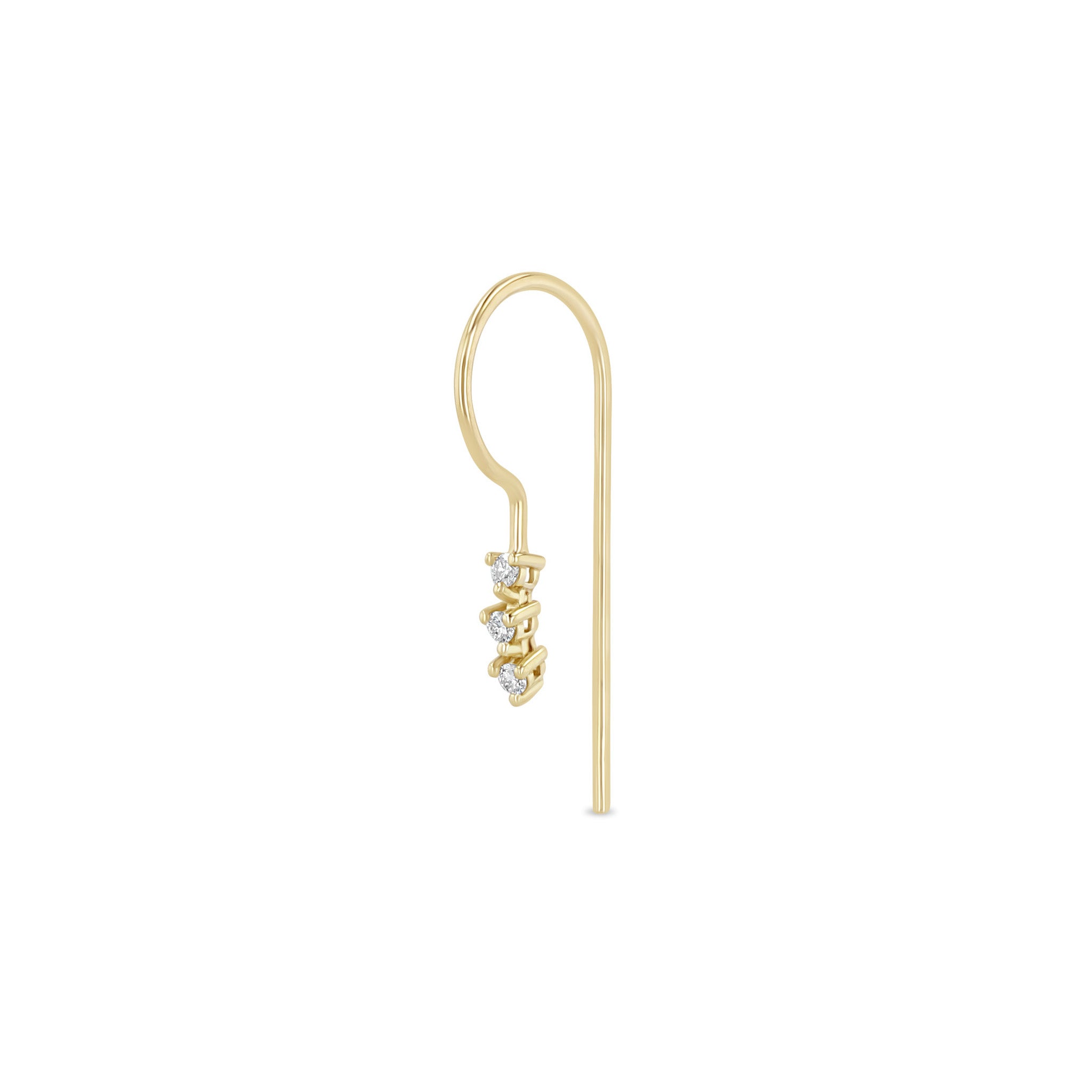 Zoe Chicco 14k gold single wire threader earring with a three round diamond tennis segment on a white background