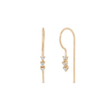 Zoe Chicco 14k rose gold wire threader hook earrings with three round white diamonds linked together on a white background