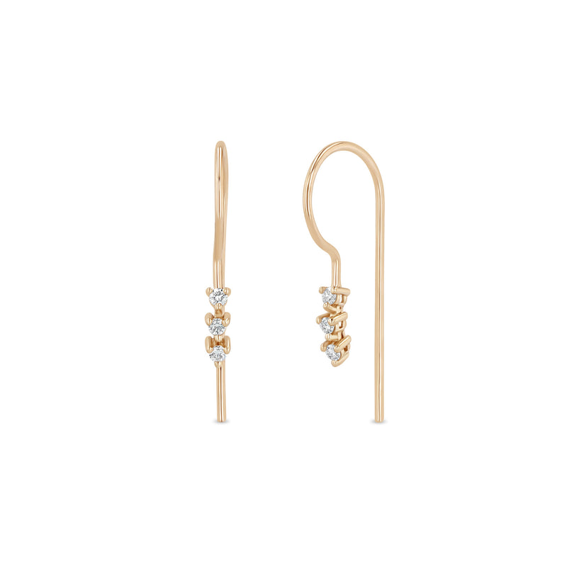 Zoe Chicco 14k rose gold wire threader hook earrings with three round white diamonds linked together on a white background