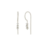 Zoe Chicco 14k white gold wire hook threader earrings with three round white diamonds connected together on a white background