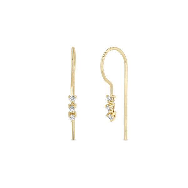Zoe Chicco 14k gold wire threader earrings with three round diamond tennis segment on a white background