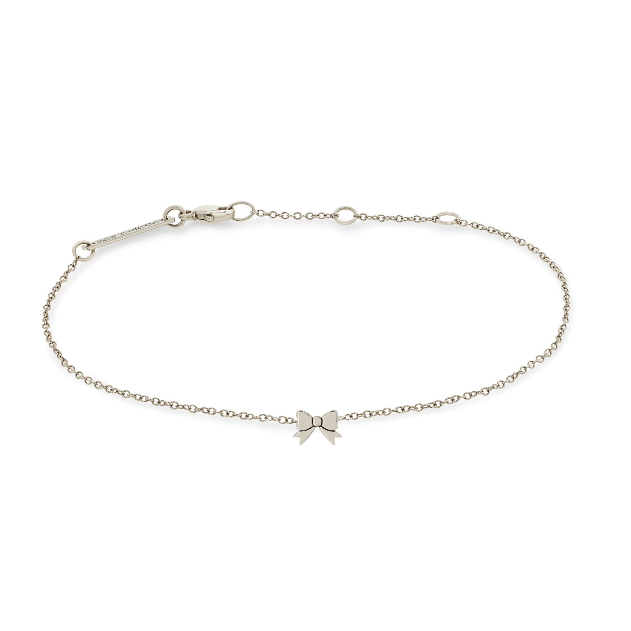 Zoe Chicco 14k white gold itty bitty bow chain bracelet on a white background 