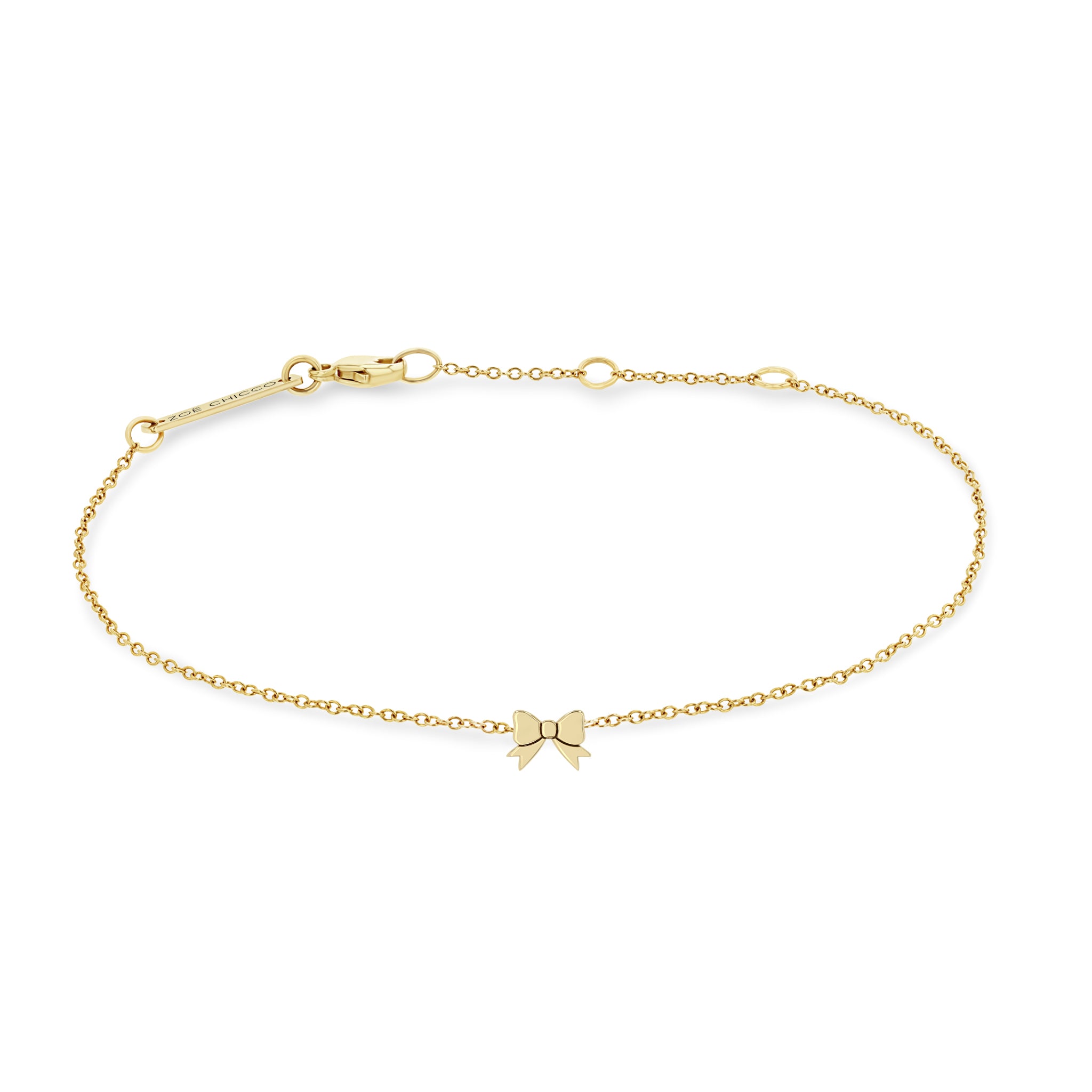 Zoe Chicco 14k gold itty bitty bow chain bracelet on a white background 