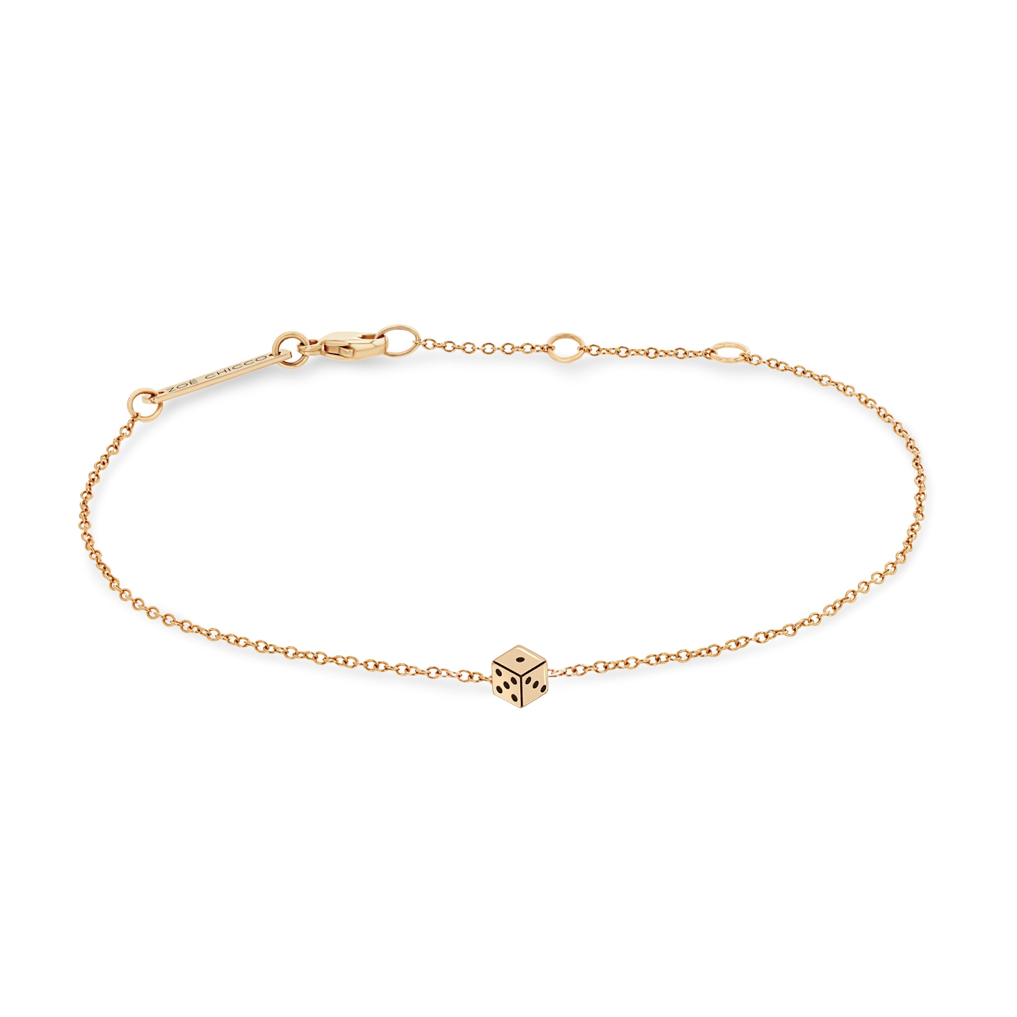 Zoe Chicco 14k rose gold itty bitty dice chain bracelet on a white background