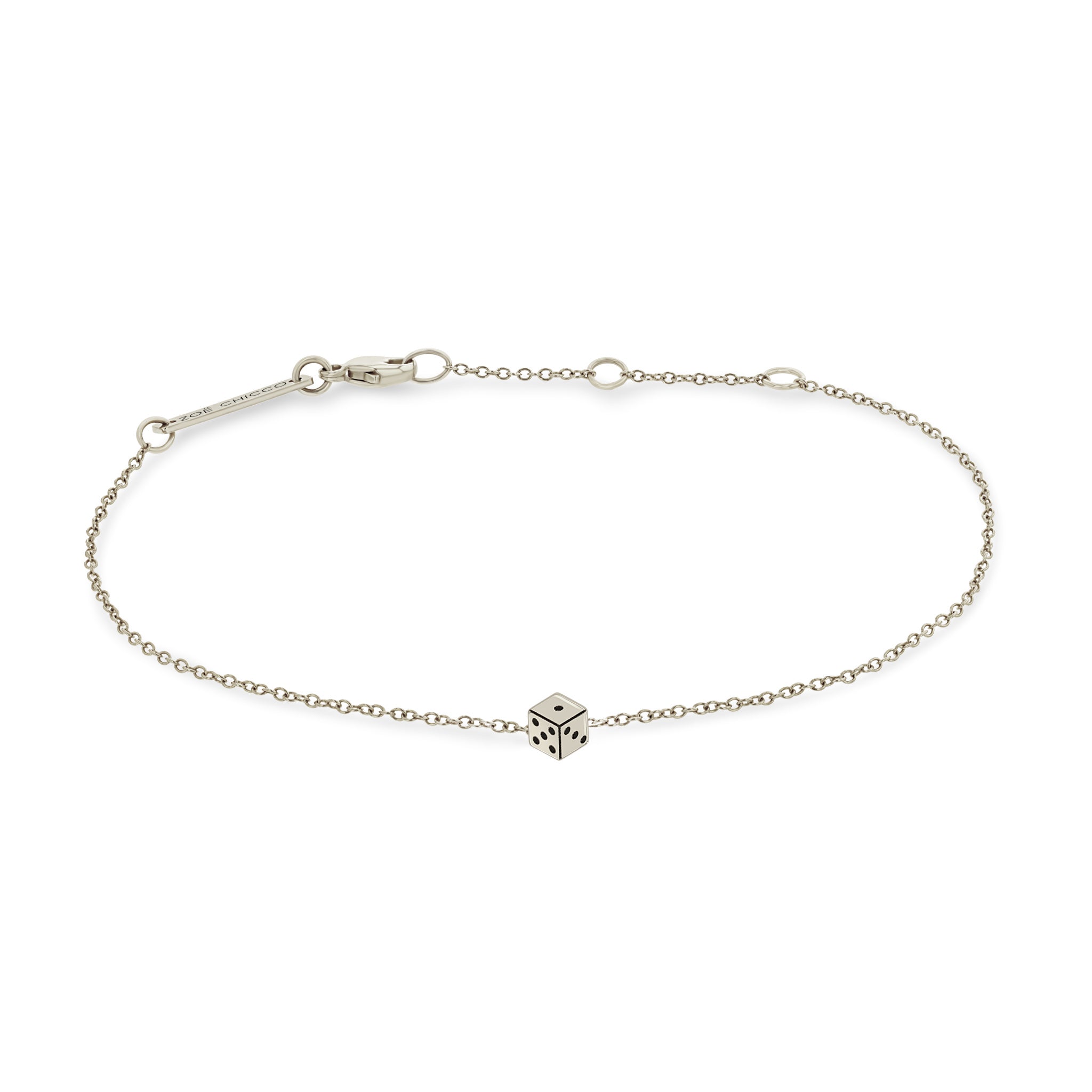 Zoe Chicco 14k white gold itty bitty dice chain bracelet on a white background