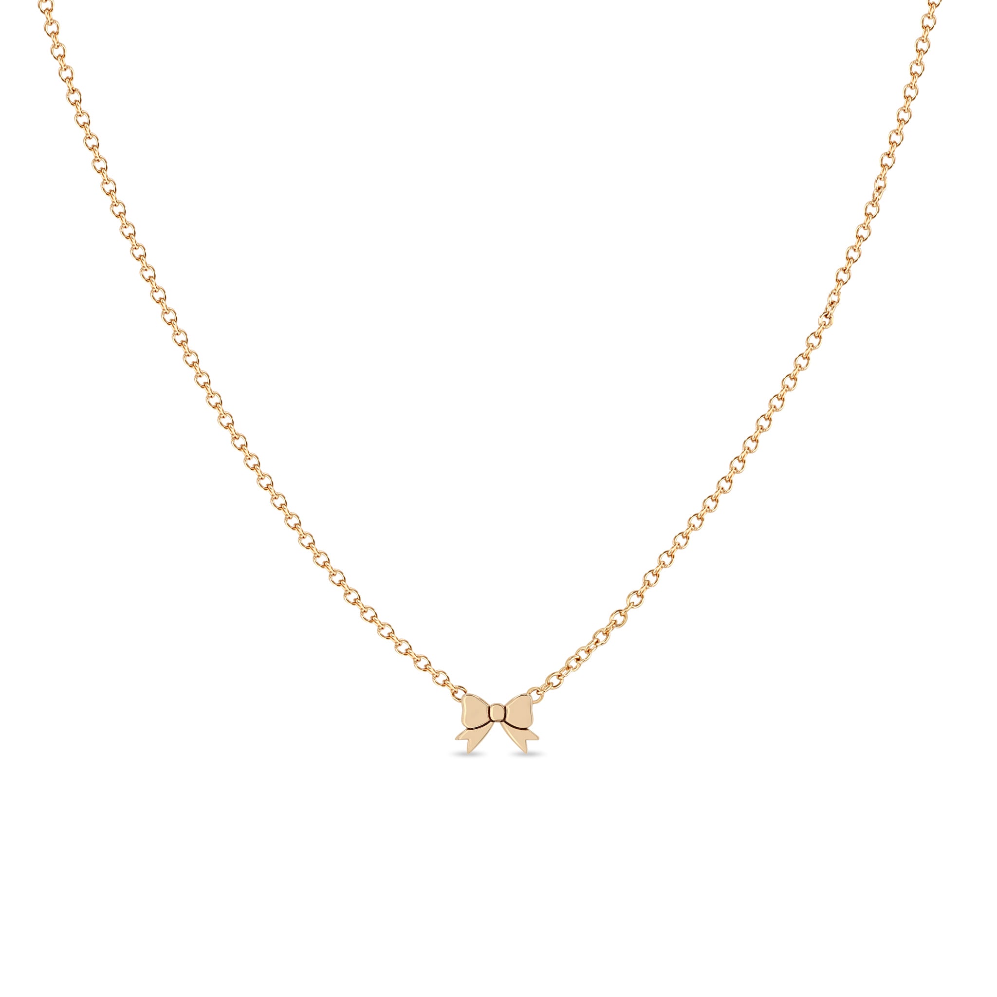 Zoe Chicco 14k rose gold itty bitty chain necklace with bow on a white background