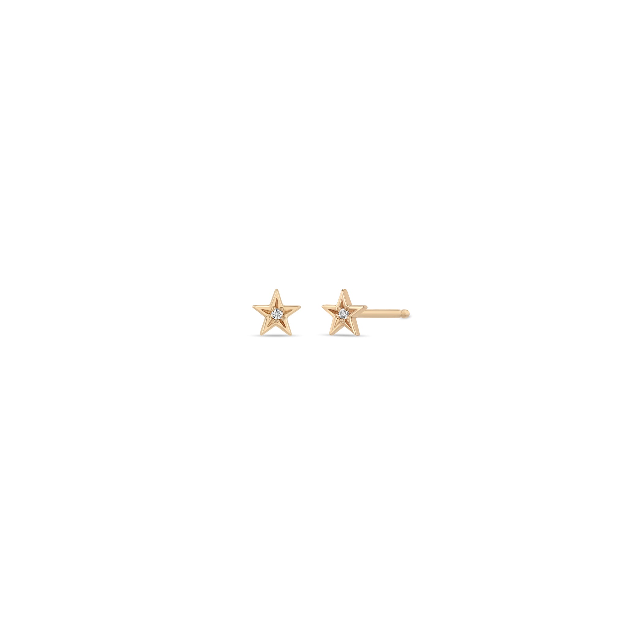 Zoe Chicco 14k rose gold itty bitty star studs with star set diamonds in the center on a white background