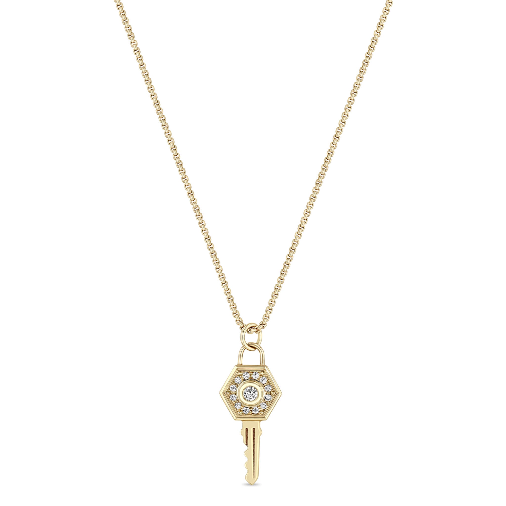 Zoë Chicco 14k Gold Diamond Hexagon Halo Key Pendant Necklace
