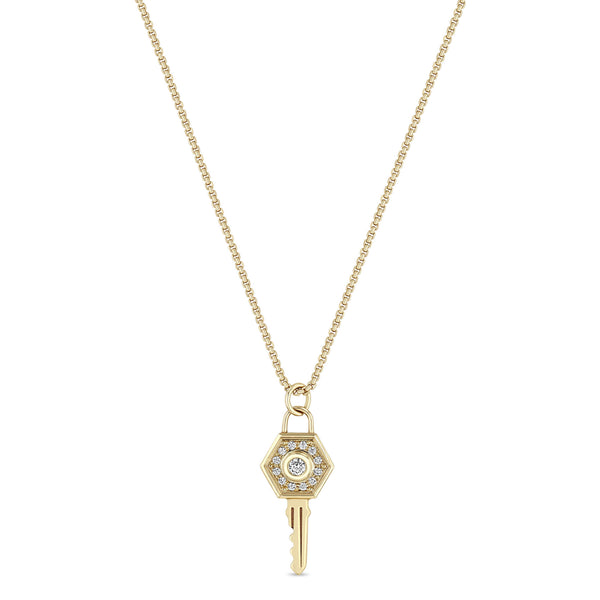 Zoë Chicco 14k Gold Diamond Hexagon Halo Key Pendant Necklace