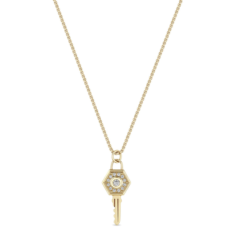 Zoë Chicco 14k Gold Diamond Hexagon Halo Key Pendant Necklace