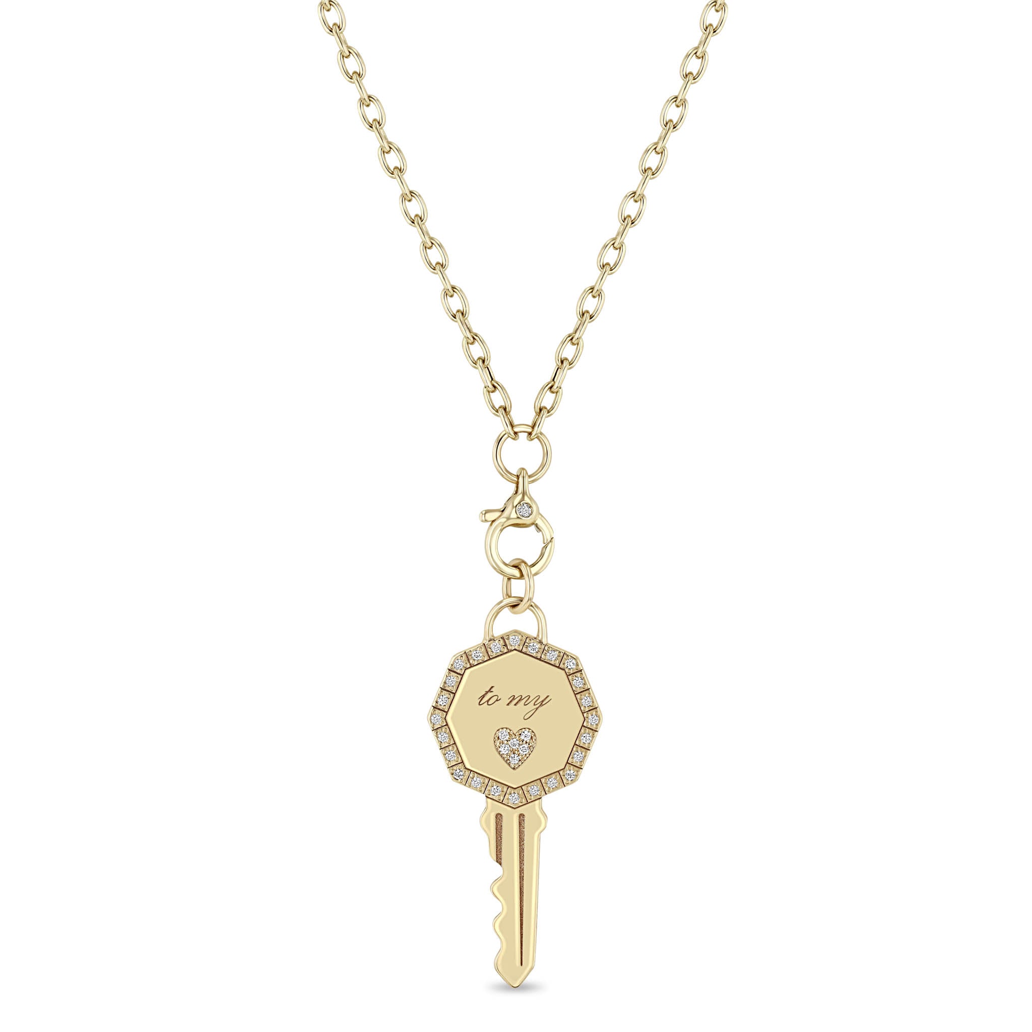 14k Pavé Diamond Key to my Heart Pendant Diamond Clasp Drop Necklace