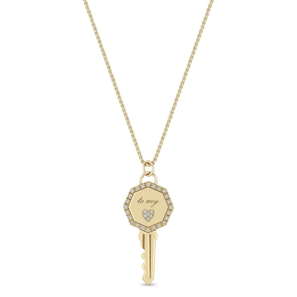 Zoë Chicco 14k Gold Pavé Diamond Key to my Heart Pendant Box Chain Necklace with a Diamond Border