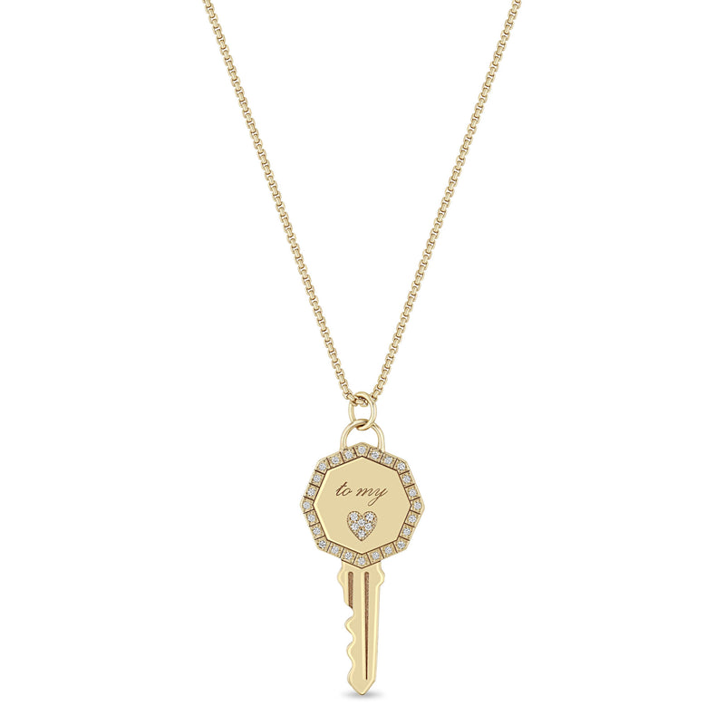 Zoë Chicco 14k Gold Pavé Diamond Key to my Heart Pendant Box Chain Necklace with a Diamond Border