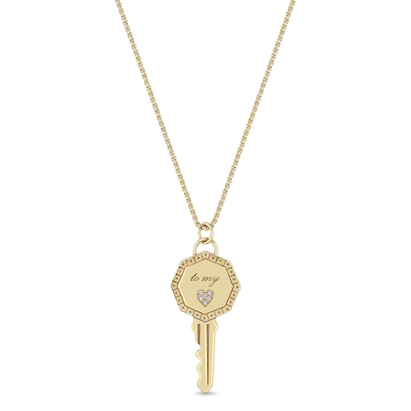 Zoë Chicco 14k Gold Pavé Diamond Key to my Heart Pendant Box Chain Necklace with a Dot Border