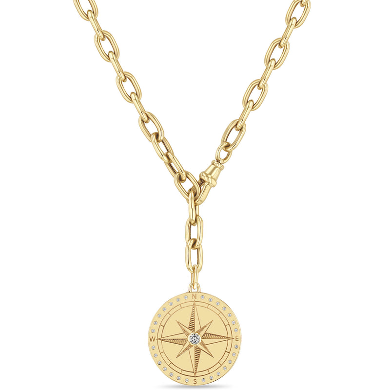 Zoë Chicco 14k Gold Large Compass Medallion Adjustable XL Square Oval Chain Necklace