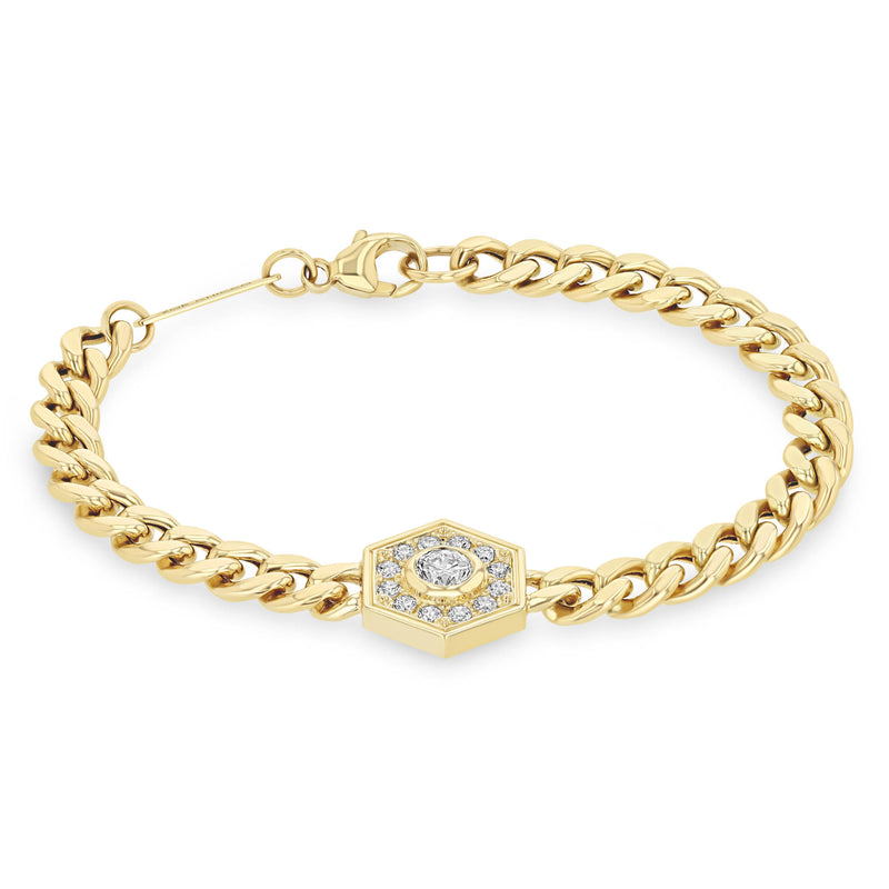 Zoë Chicco 14k Gold Large Curb Chain Diamond Hexagon Halo Bracelet