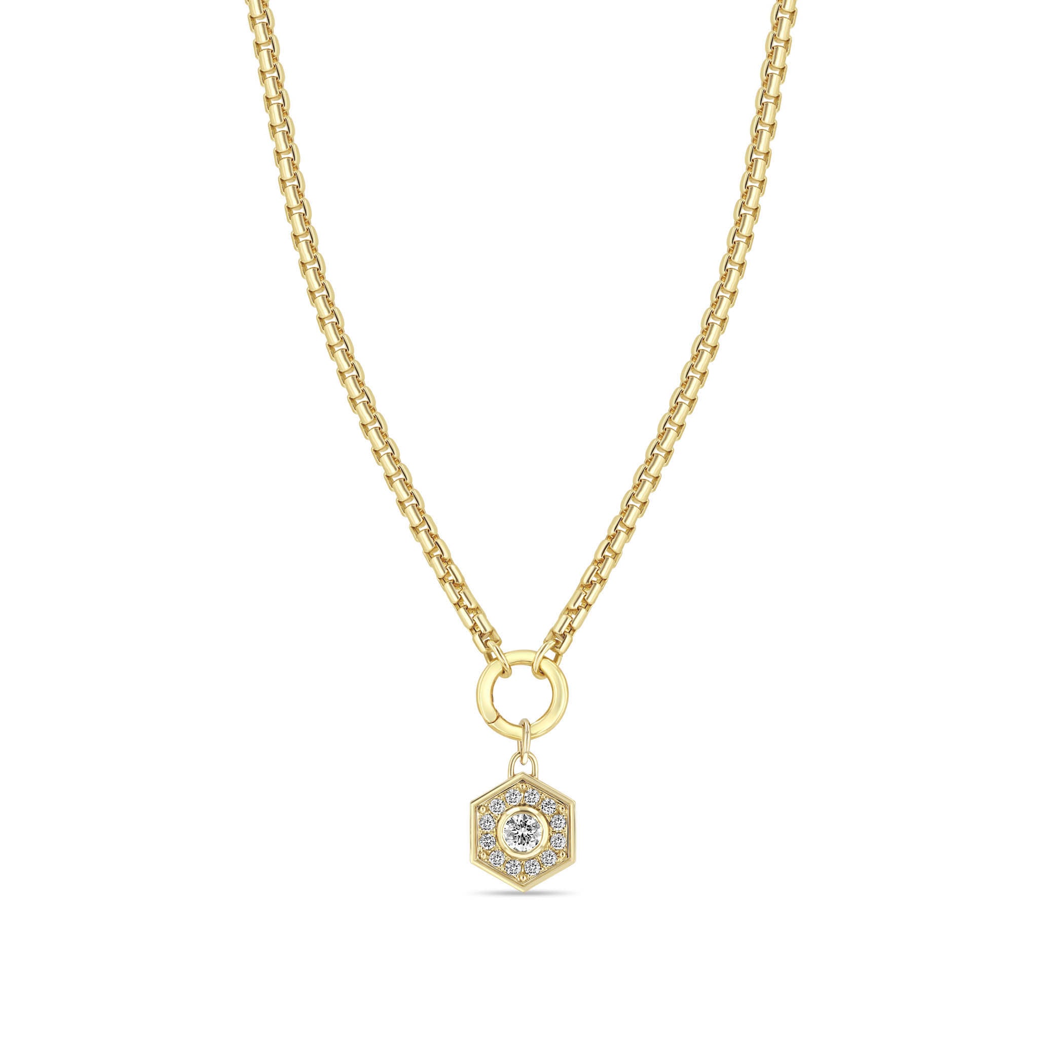 Zoë Chicco 14k Gold Diamond Hexagon Halo Pendant Large Box Chain Necklace