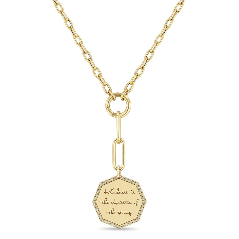 Zoë Chicco 14k Gold Large "Kindness is the signature of the strong" Diamond Octagon Mantra Mixed Chain Lariat Necklace