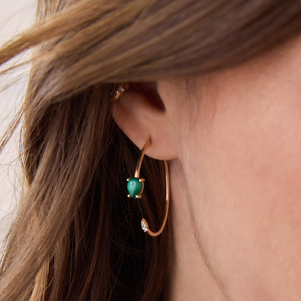 14k Pear Malachite & Diamond Jacket Hoop Earrings worn by a person with long hair.
